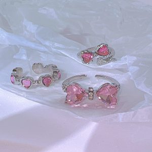 17KM Pink Crystal Rings Romantic Heart Bowknot Shiny Ring for Women Girls Ring Y2K Accessories Fashion New Trend Party Gifts