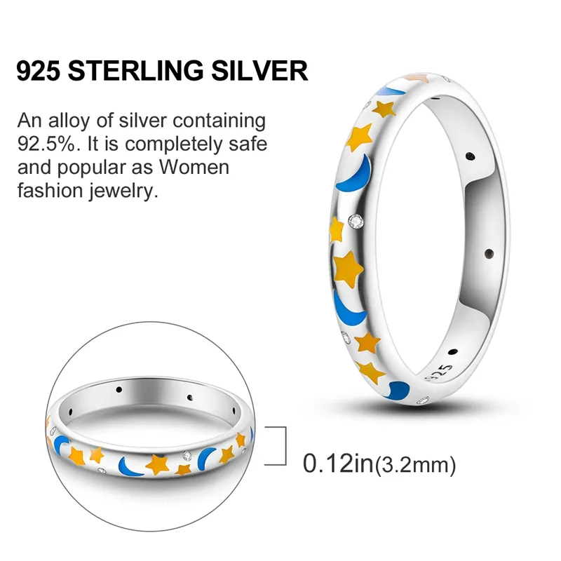 Summer Celestial Blue Sparkling Moon And Sun Ring For Women Cocktail Stackable Finger Band Fashion Silver 925 Fine Jewellry