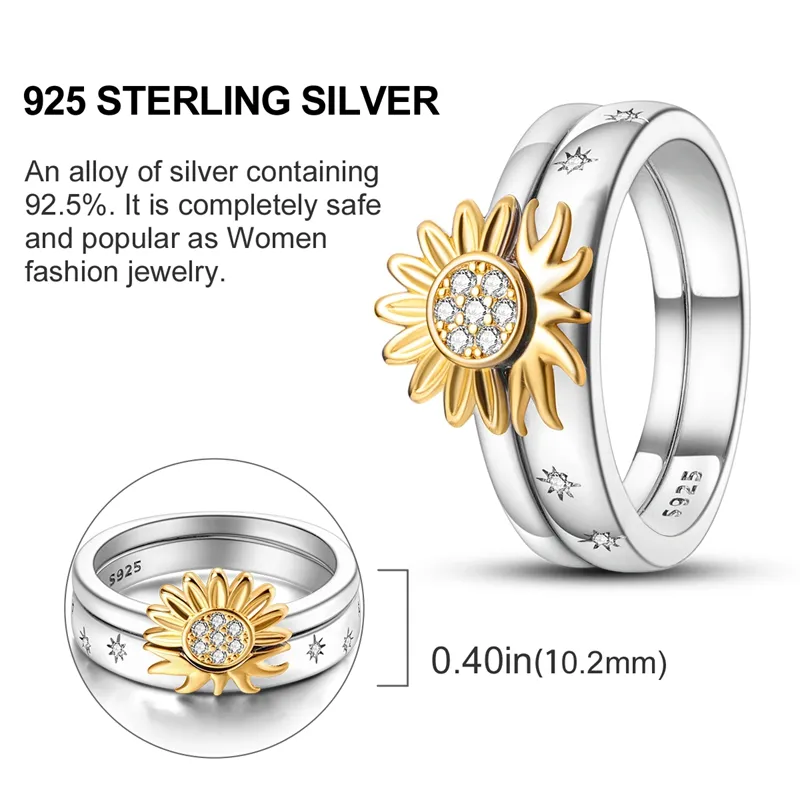 Summer Celestial Blue Sparkling Moon And Sun Ring For Women Cocktail Stackable Finger Band Fashion Silver 925 Fine Jewellry