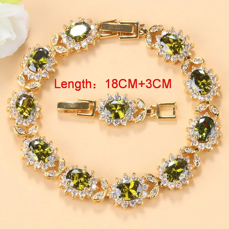 10-Colors Cubic Zirconia Women Accessories Gold Plated Olive Green Zirconia Charm Bracelet And Ring Jewelry Sets