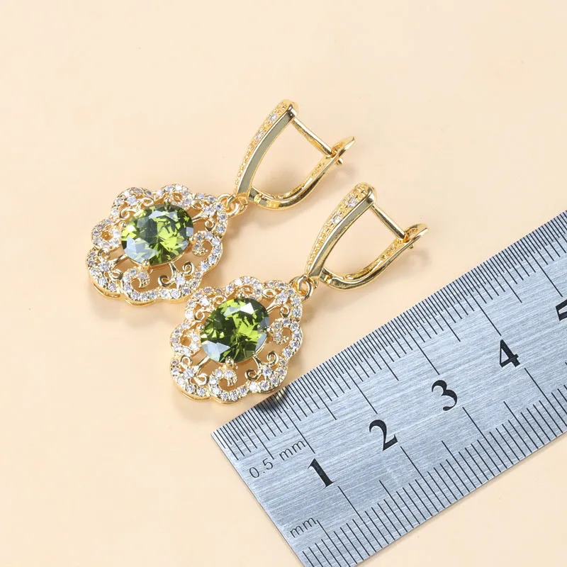 10-Colors Cubic Zirconia Women Accessories Gold Plated Olive Green Zirconia Charm Bracelet And Ring Jewelry Sets