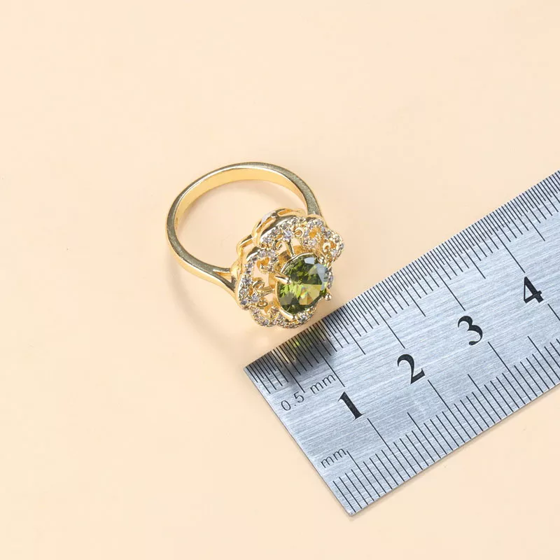 10-Colors Cubic Zirconia Women Accessories Gold Plated Olive Green Zirconia Charm Bracelet And Ring Jewelry Sets