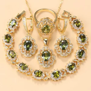 10-Colors Cubic Zirconia Women Accessories Gold Plated Olive Green Zirconia Charm Bracelet And Ring Jewelry Sets