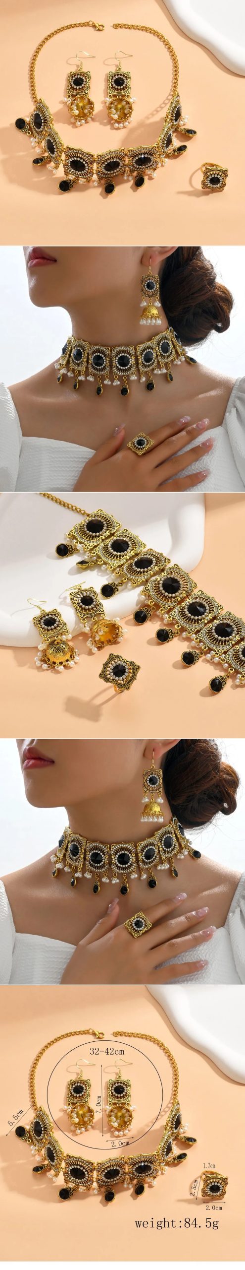 Vintage Gold Plated Jewelry Set for Women Green Black Rhinestone Choker Pearl Necklace Tassel Earrings Ring Halloween Jewellery