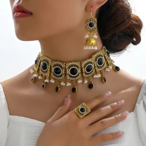 Vintage Gold Plated Jewelry Set for Women Green Black Rhinestone Choker Pearl Necklace Tassel Earrings Ring Halloween Jewellery