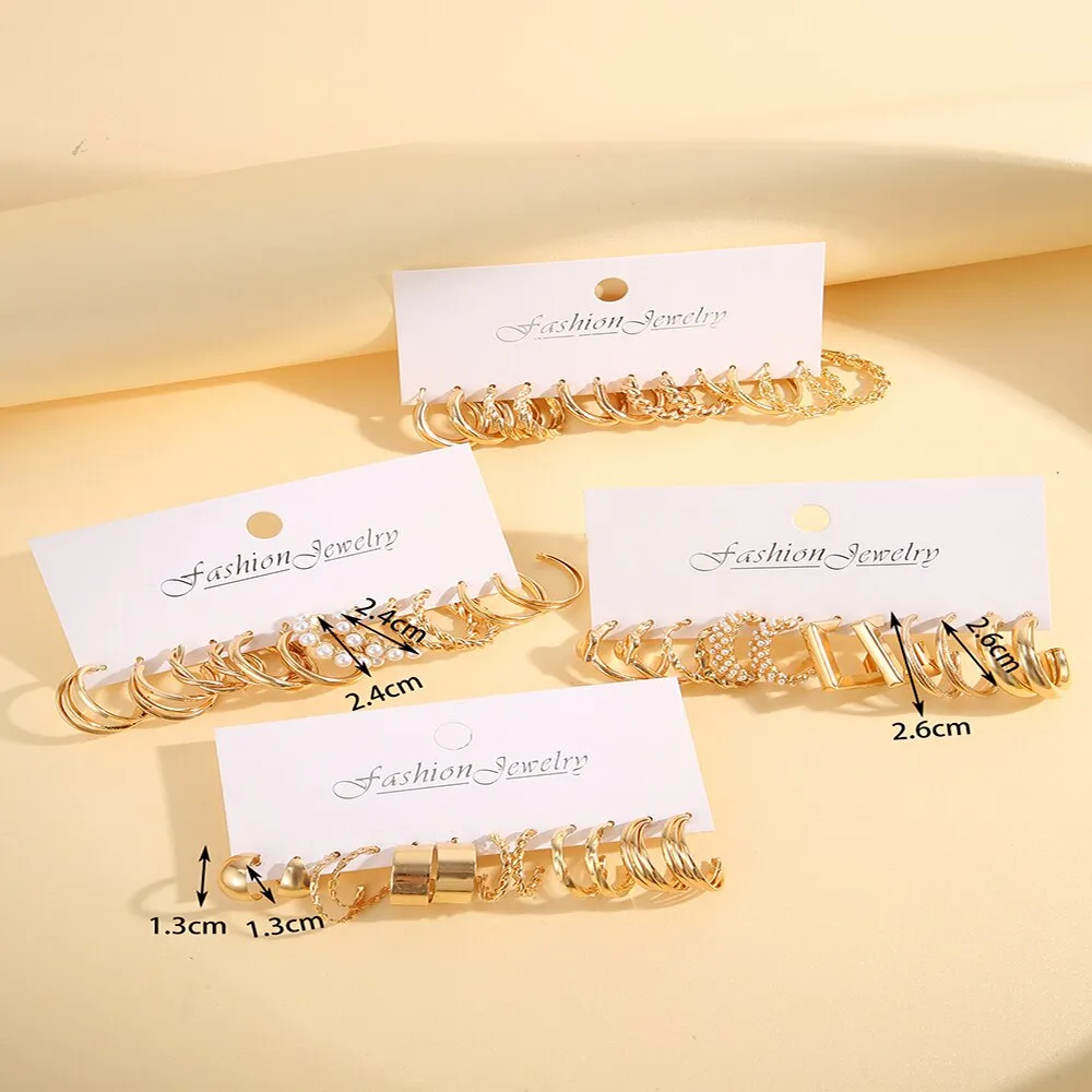 24 Pairs Of Earrings Set 2023 New Multi Style Fake-pearl Guinean Retro Lady Three Tube Fake-pearl Earrings Gold-color