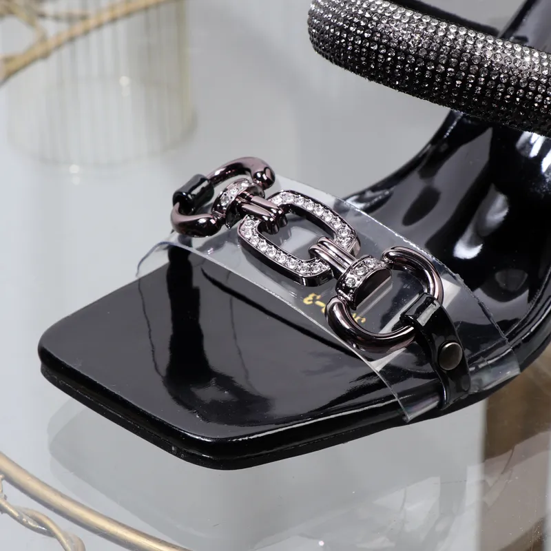 Women's slippers 2023 summer fashion Transparent belt metal decoration box shaped square Alien heel high heels wearing sandals
