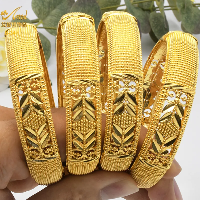 Luxury Dubai Gold Color Bangles For Women 24K Gold Plated Indian African Bracelets Charm Wedding Ethiopian Arabic Hand Jewelry