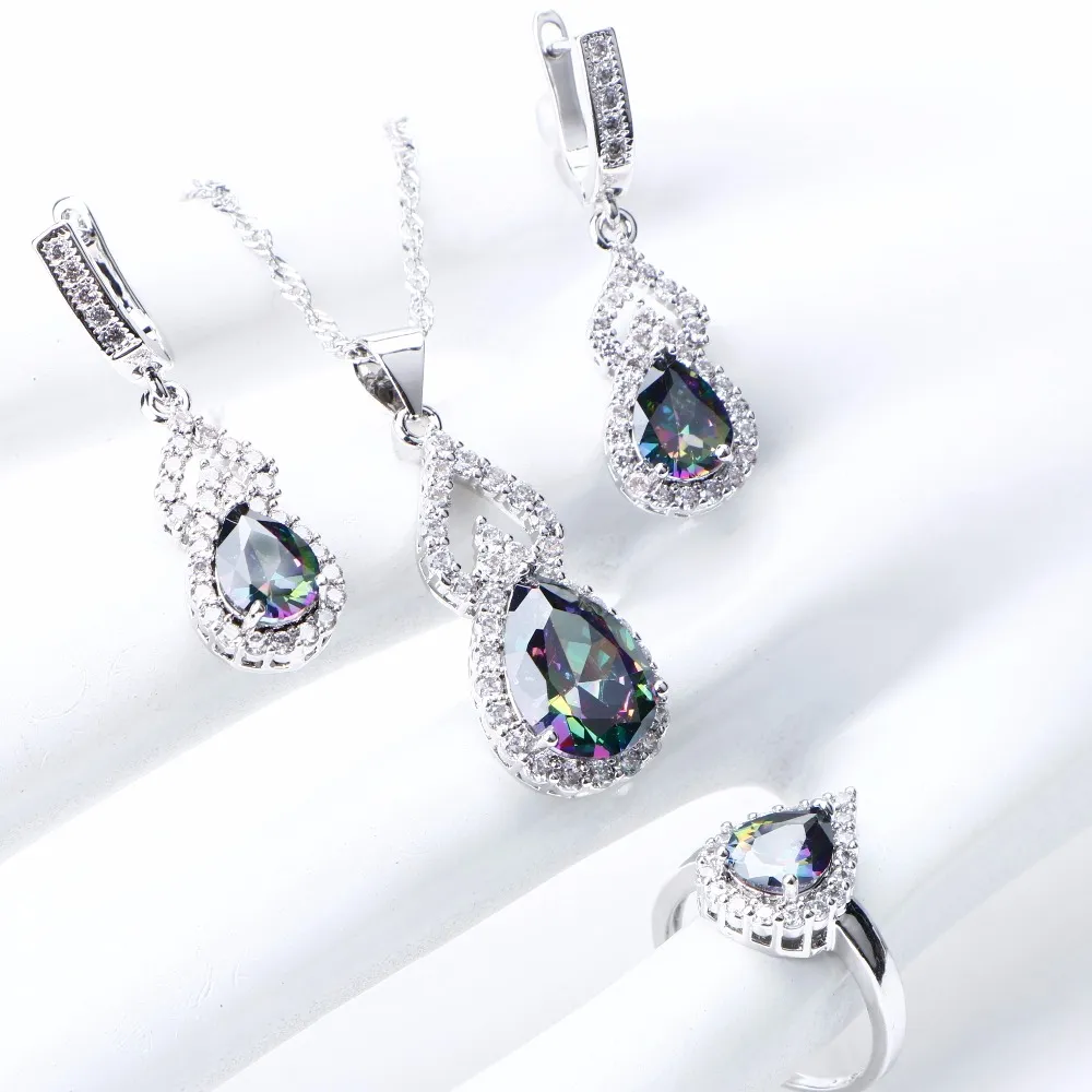 Natural Rainbow Jewelry Sets 925 Sterling Silver Stones Wedding Earrings For Women Stones Bracelet Necklace Rings Set Gifts Box