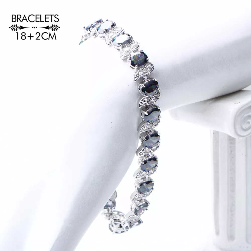 Natural Rainbow Jewelry Sets 925 Sterling Silver Stones Wedding Earrings For Women Stones Bracelet Necklace Rings Set Gifts Box