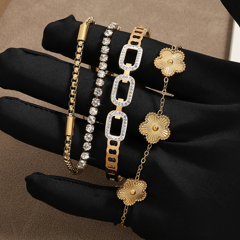 ZAKOL 3Pcs Gold Color Stainless Steel Stacked Bracelet Bangles for Women Geometric Five-Leaf Flower Zircon inlaid Bracelet Gift