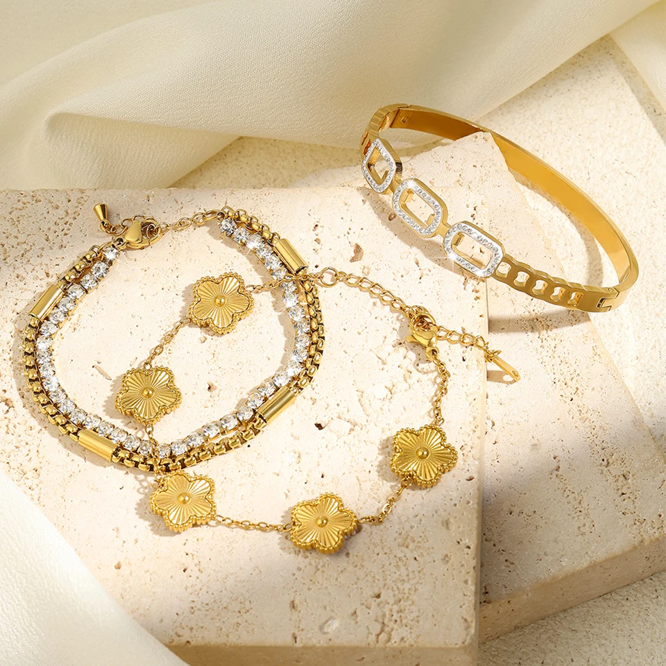 ZAKOL 3Pcs Gold Color Stainless Steel Stacked Bracelet Bangles for Women Geometric Five-Leaf Flower Zircon inlaid Bracelet Gift