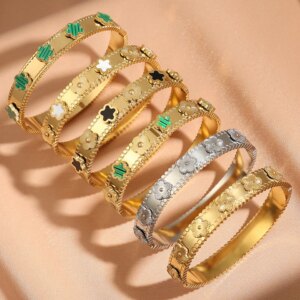 Yupsk Fashion Five-leaf Flower Stainless Steel Bracelet Bangle 18k Gold Color Lucky Grass Bracelets Female Jewelry Gift