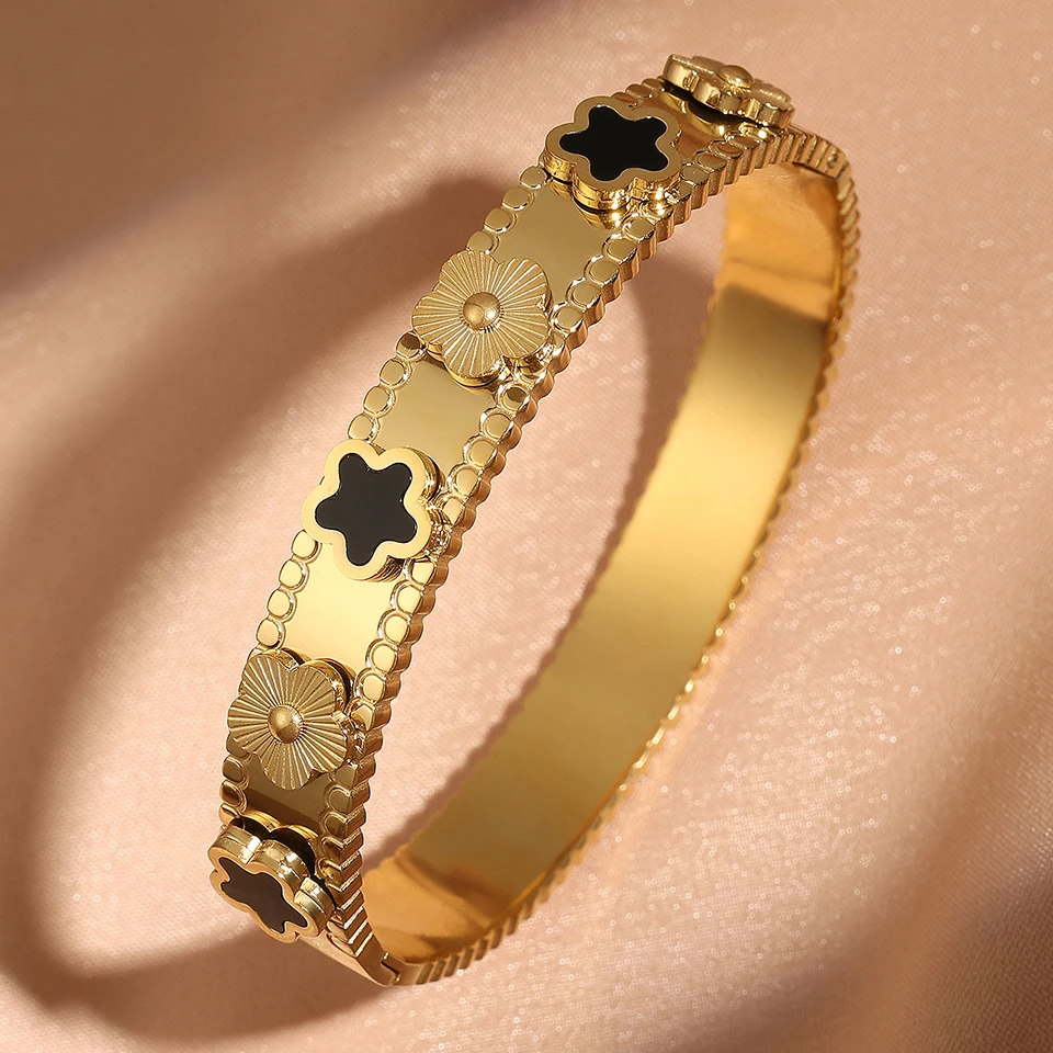 Yupsk Fashion Five-leaf Flower Stainless Steel Bracelet Bangle 18k Gold Color Lucky Grass Bracelets Female Jewelry Gift