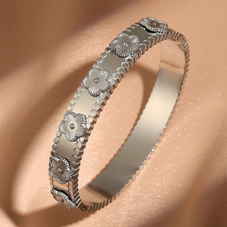 Yupsk Fashion Five-leaf Flower Stainless Steel Bracelet Bangle 18k Gold Color Lucky Grass Bracelets Female Jewelry Gift