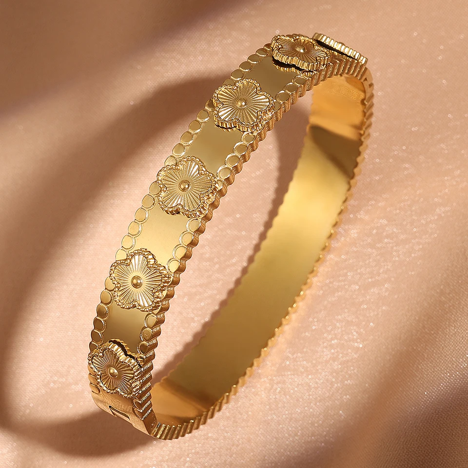 Yupsk Fashion Five-leaf Flower Stainless Steel Bracelet Bangle 18k Gold Color Lucky Grass Bracelets Female Jewelry Gift