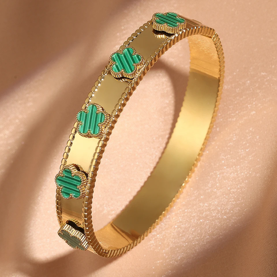 Yupsk Fashion Five-leaf Flower Stainless Steel Bracelet Bangle 18k Gold Color Lucky Grass Bracelets Female Jewelry Gift