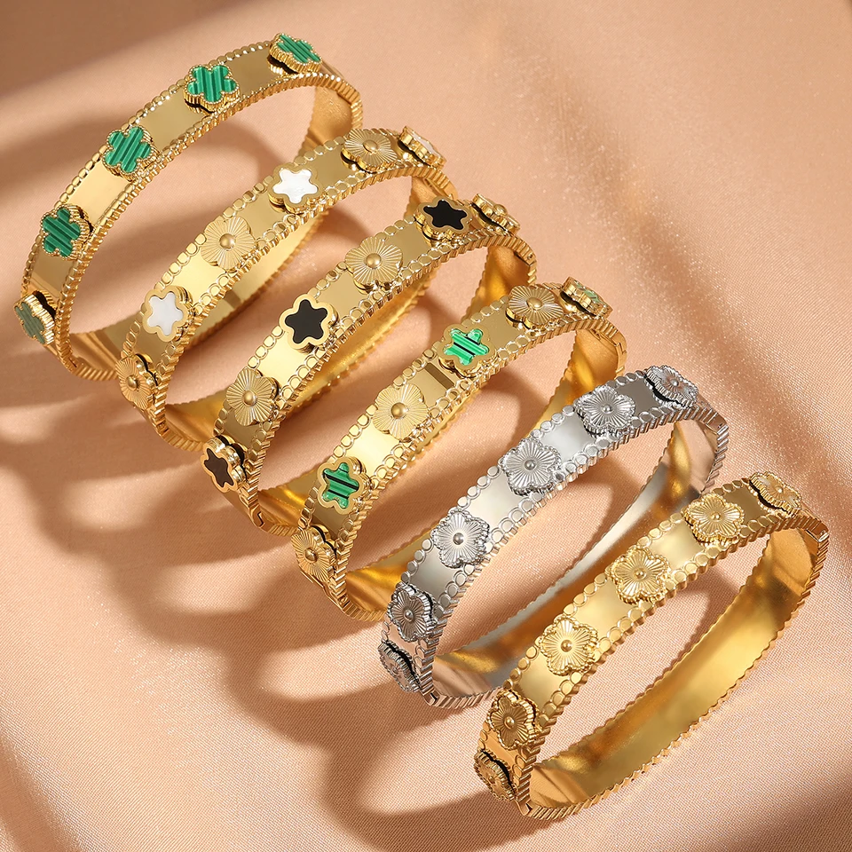 Yupsk Fashion Five-leaf Flower Stainless Steel Bracelet Bangle 18k Gold Color Lucky Grass Bracelets Female Jewelry Gift
