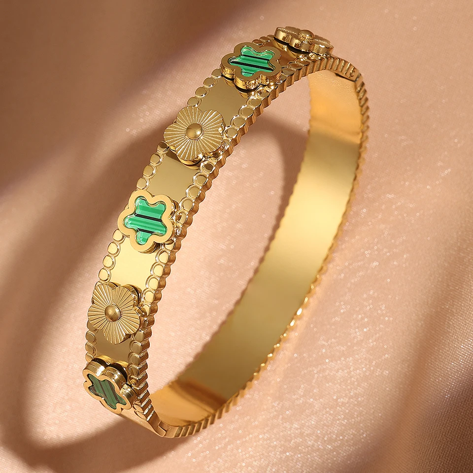 Yupsk Fashion Five-leaf Flower Stainless Steel Bracelet Bangle 18k Gold Color Lucky Grass Bracelets Female Jewelry Gift