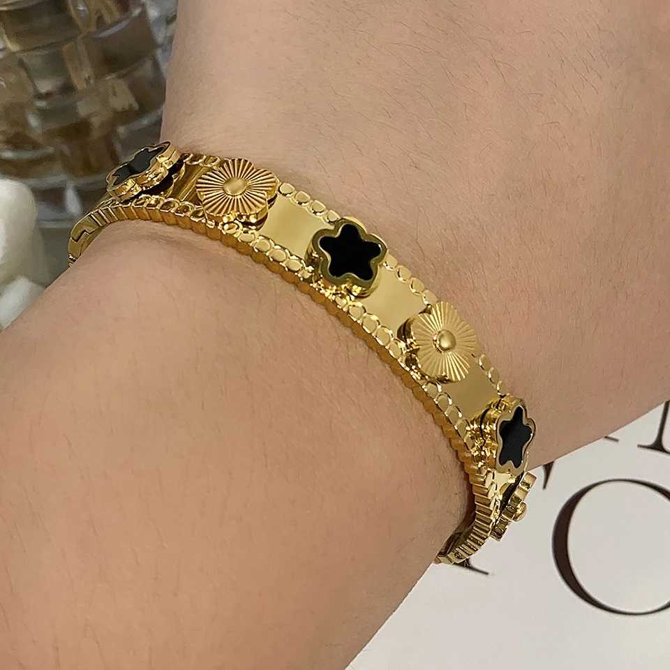 Yupsk Fashion Five-leaf Flower Stainless Steel Bracelet Bangle 18k Gold Color Lucky Grass Bracelets Female Jewelry Gift
