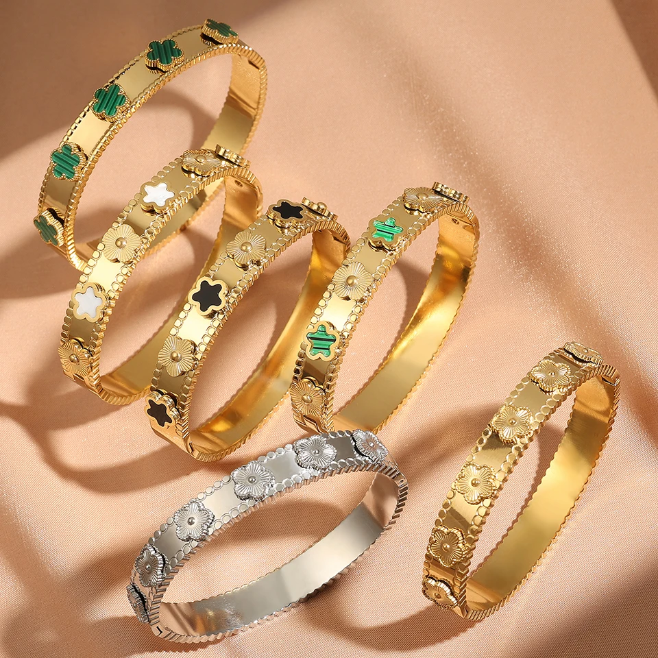 Yupsk Fashion Five-leaf Flower Stainless Steel Bracelet Bangle 18k Gold Color Lucky Grass Bracelets Female Jewelry Gift