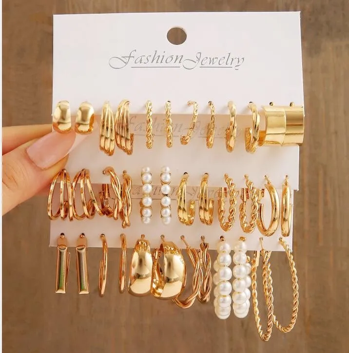 New 24 Pairs Earrings Set for Women Gold Color Bohemia Vintage Pearl Circle Geometric Hoop Earring Trendy Luxury Jewelry Gifts