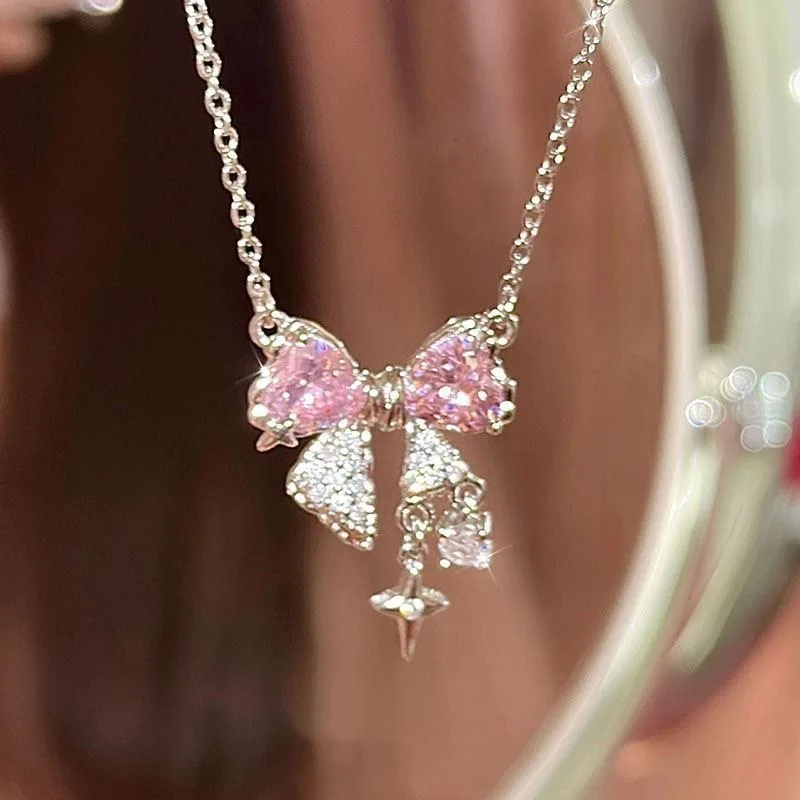Pink bow necklace sweet cool girl clavicle chain all-match light luxury high-end simple cool accessories Pink bow necklace sweet cool girl clavicle chain all-match light luxury high-end simple cool accessories