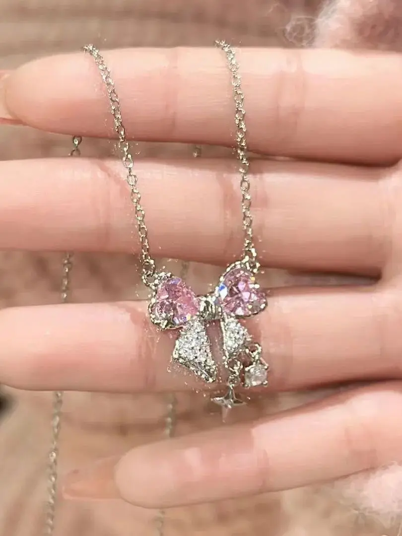 Pink bow necklace sweet cool girl clavicle chain all-match light luxury high-end simple cool accessories Pink bow necklace sweet cool girl clavicle chain all-match light luxury high-end simple cool accessories