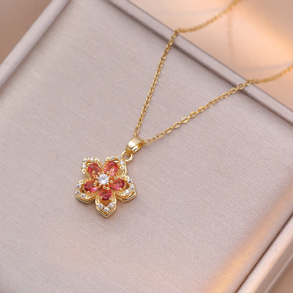 Shiny Zircon Romantic Flower Pendant Necklace For Women Gold Plated Rotatable Flowers Choker Girls Wedding Party Luxury Jewelry Shiny Zircon Romantic Flower Pendant Necklace For Women Gold Plated Rotatable Flowers Choker Girls Wedding Party Luxury Jewelry