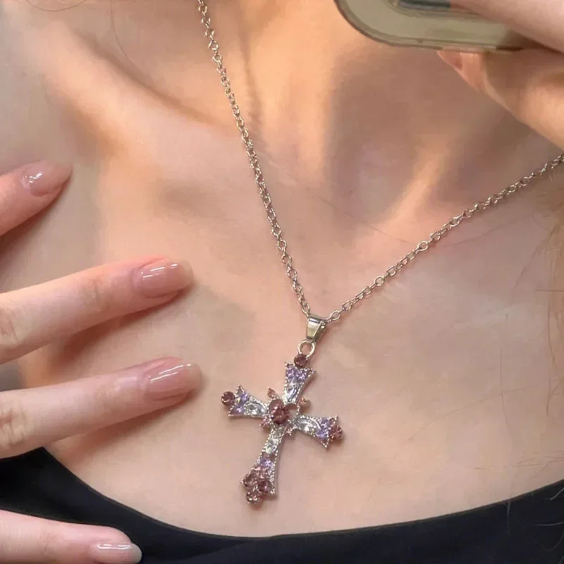 2025 New Y2K Punk Pink Purple Zircon Cross Necklace for Women Rhinestone Pendant Clavicle Chain Charm Party Jewelry Gifts 2025 New Y2K Punk Pink Purple Zircon Cross Necklace for Women Rhinestone Pendant Clavicle Chain Charm Party Jewelry Gifts