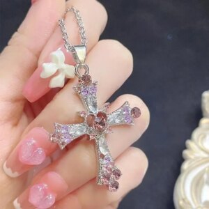 2025 New Y2K Punk Pink Purple Zircon Cross Necklace for Women Rhinestone Pendant Clavicle Chain Charm Party Jewelry Gifts