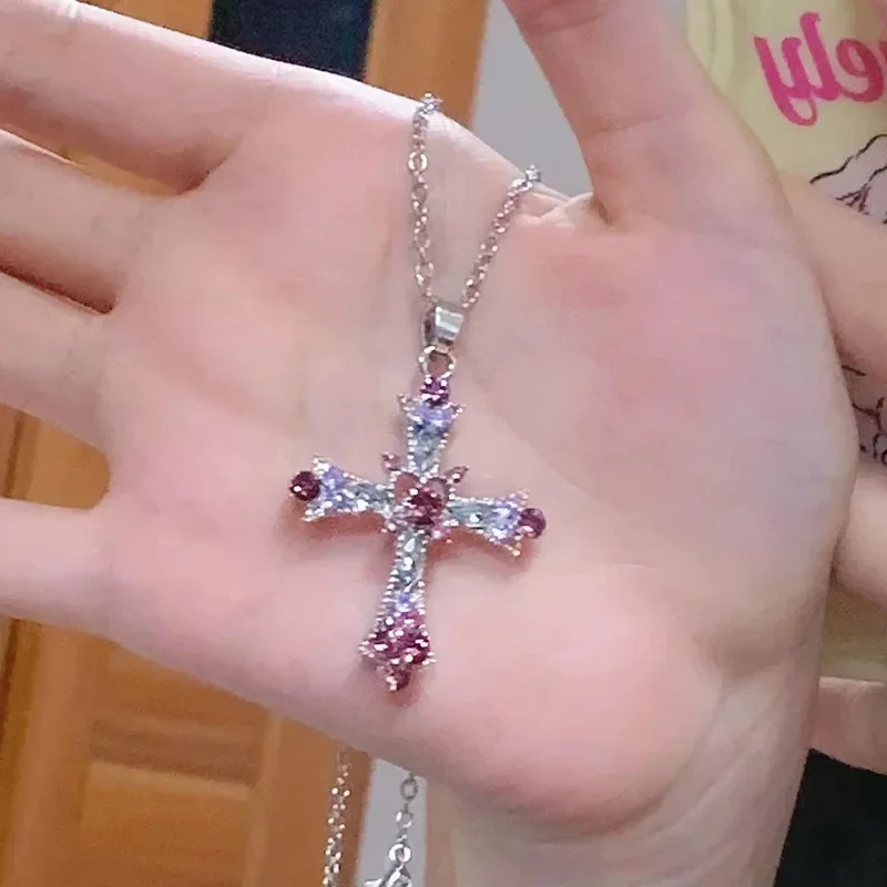 2025 New Y2K Punk Pink Purple Zircon Cross Necklace for Women Rhinestone Pendant Clavicle Chain Charm Party Jewelry Gifts