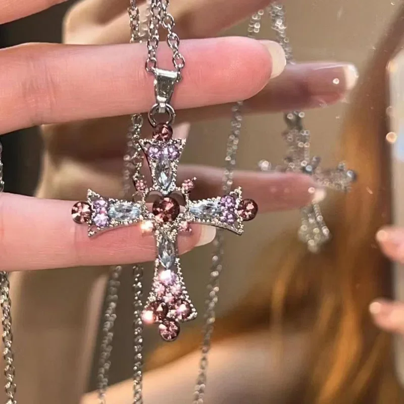 2025 New Y2K Punk Pink Purple Zircon Cross Necklace for Women Rhinestone Pendant Clavicle Chain Charm Party Jewelry Gifts 2025 New Y2K Punk Pink Purple Zircon Cross Necklace for Women Rhinestone Pendant Clavicle Chain Charm Party Jewelry Gifts