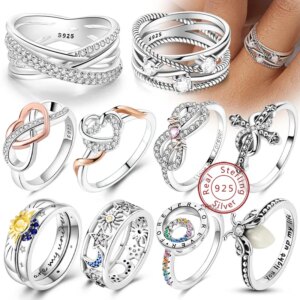 Rings Original 925 Sterling Silver Rings Bow Heart Sun Moon Star Zircon Rings For Women Jewelry Birthday Anniversary Gifts