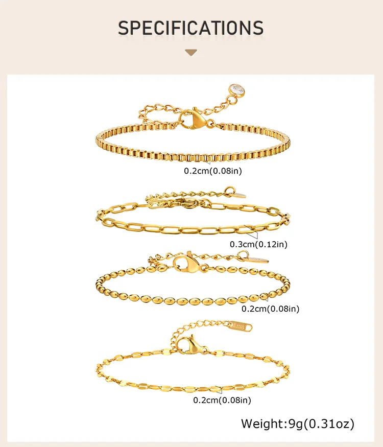 Non Tarnish Stainless Steel Bracelet Stackable for Women, Thin Herribone Chain Bracelet Waterproof Gold Plated Jewelry