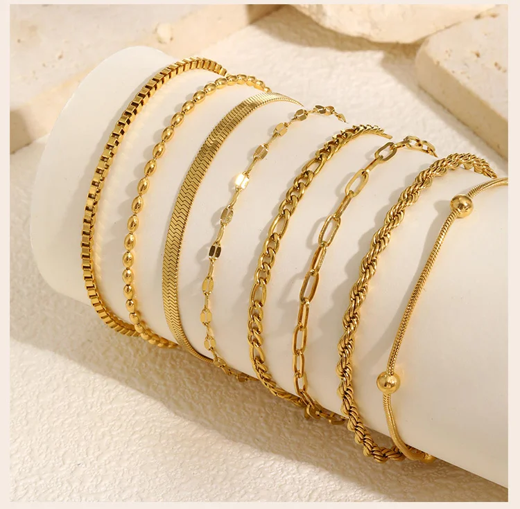 Non Tarnish Stainless Steel Bracelet Stackable for Women, Thin Herribone Chain Bracelet Waterproof Gold Plated Jewelry