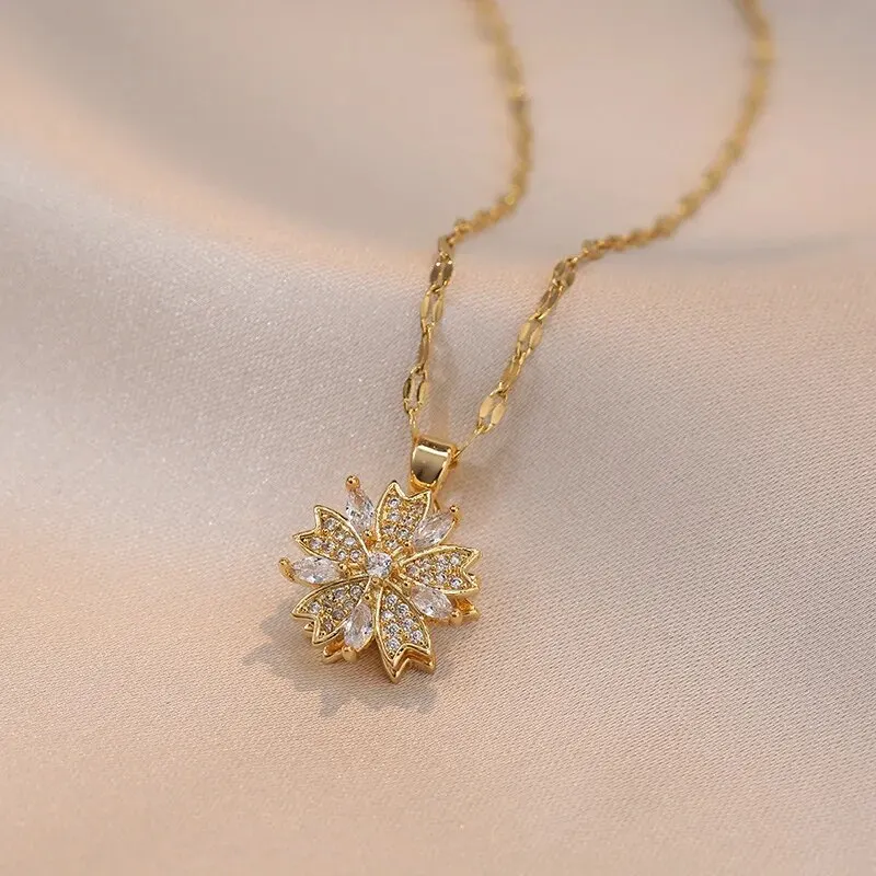 Light Luxury Spin Zircon Flower Pendant Necklace for Women Gold Color Quality High Sense Chain Necklaces Party Jewelry Gifts