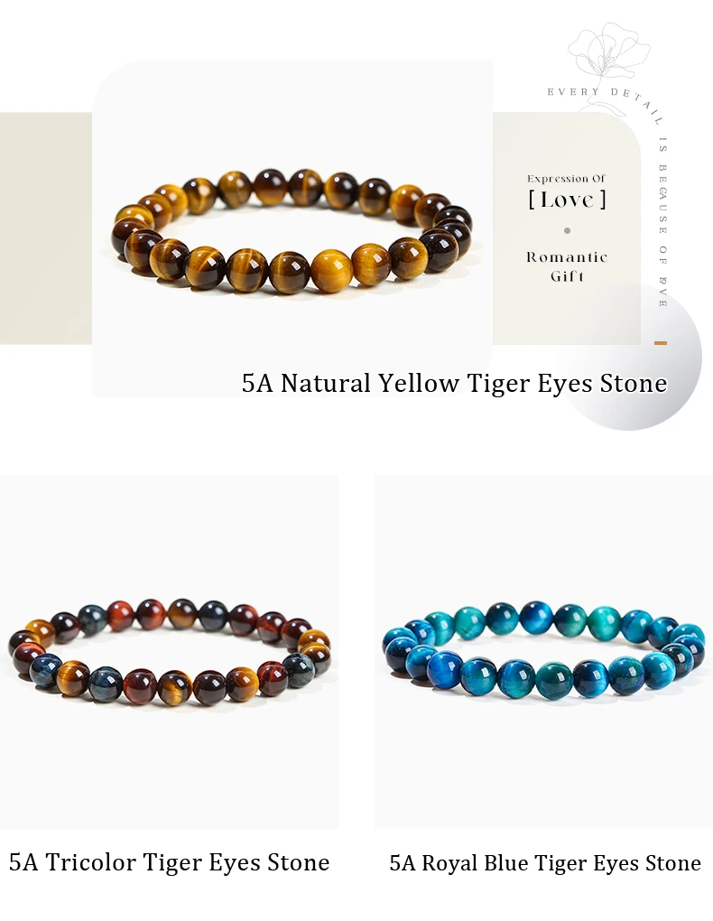 JD Natural Stone Beads Bracelet Amethyst Tiger Eye Crystal Quartz Agate Gem Beads Bangles Women Men Reiki Healling Jewelry Gift