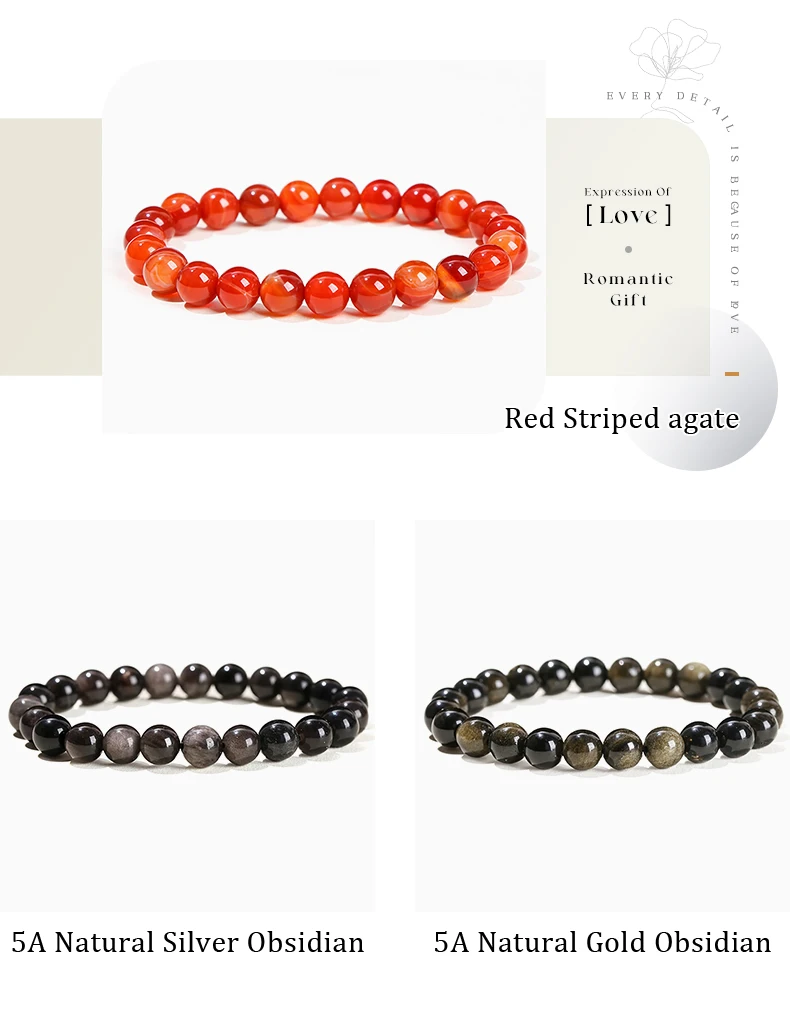 JD Natural Stone Beads Bracelet Amethyst Tiger Eye Crystal Quartz Agate Gem Beads Bangles Women Men Reiki Healling Jewelry Gift