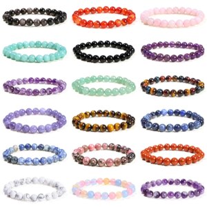 JD Natural Stone Beads Bracelet Amethyst Tiger Eye Crystal Quartz Agate Gem Beads Bangles Women Men Reiki Healling Jewelry Gift