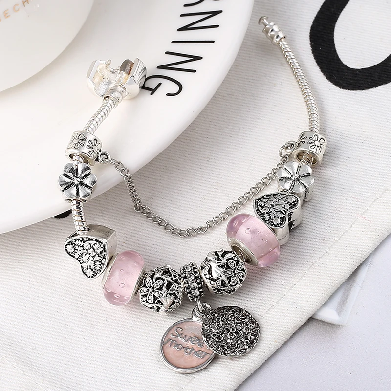 Silver Plated Charm Bracelet & Bangle With Key Lock Crystal Pendant Ball Bracelet For Women Wedding Valentine's Day Jewelry Gift