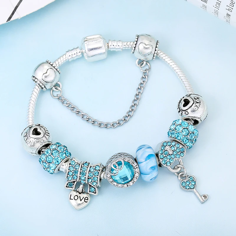 Silver Plated Charm Bracelet & Bangle With Key Lock Crystal Pendant Ball Bracelet For Women Wedding Valentine's Day Jewelry Gift