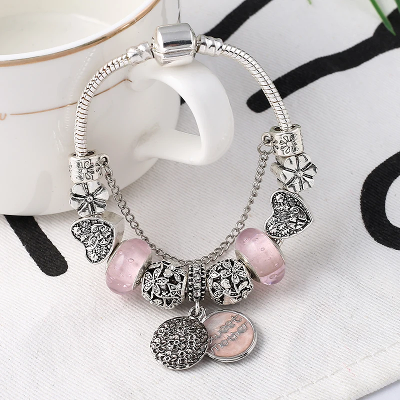 Silver Plated Charm Bracelet & Bangle With Key Lock Crystal Pendant Ball Bracelet For Women Wedding Valentine's Day Jewelry Gift