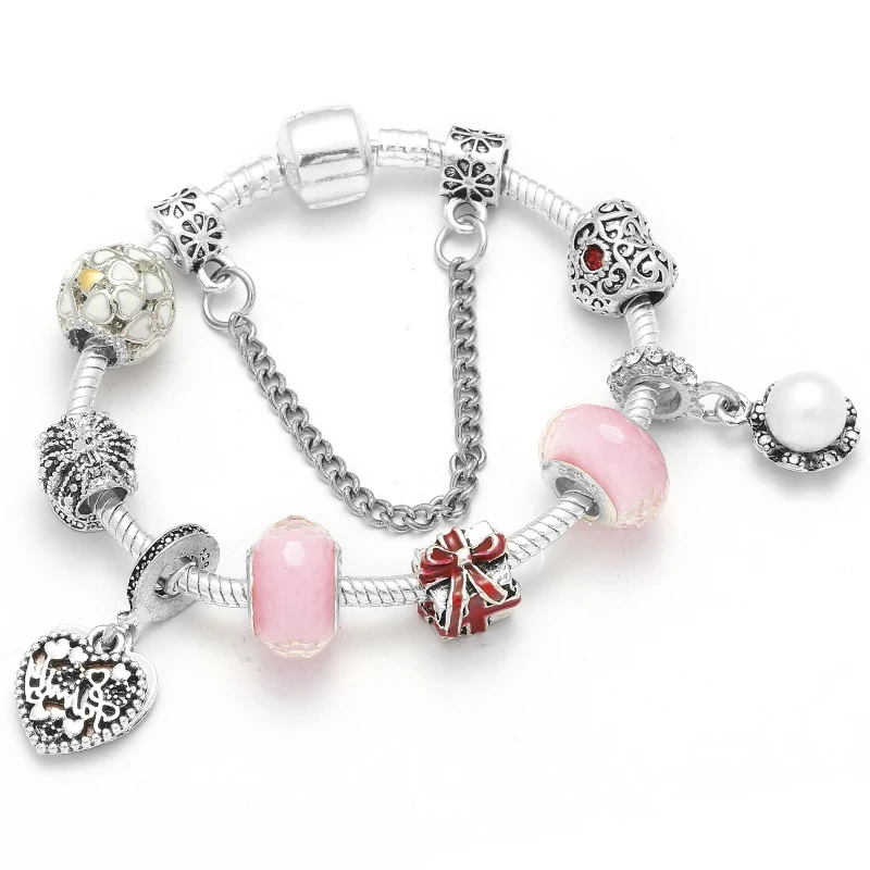 Silver Plated Charm Bracelet & Bangle With Key Lock Crystal Pendant Ball Bracelet For Women Wedding Valentine's Day Jewelry Gift