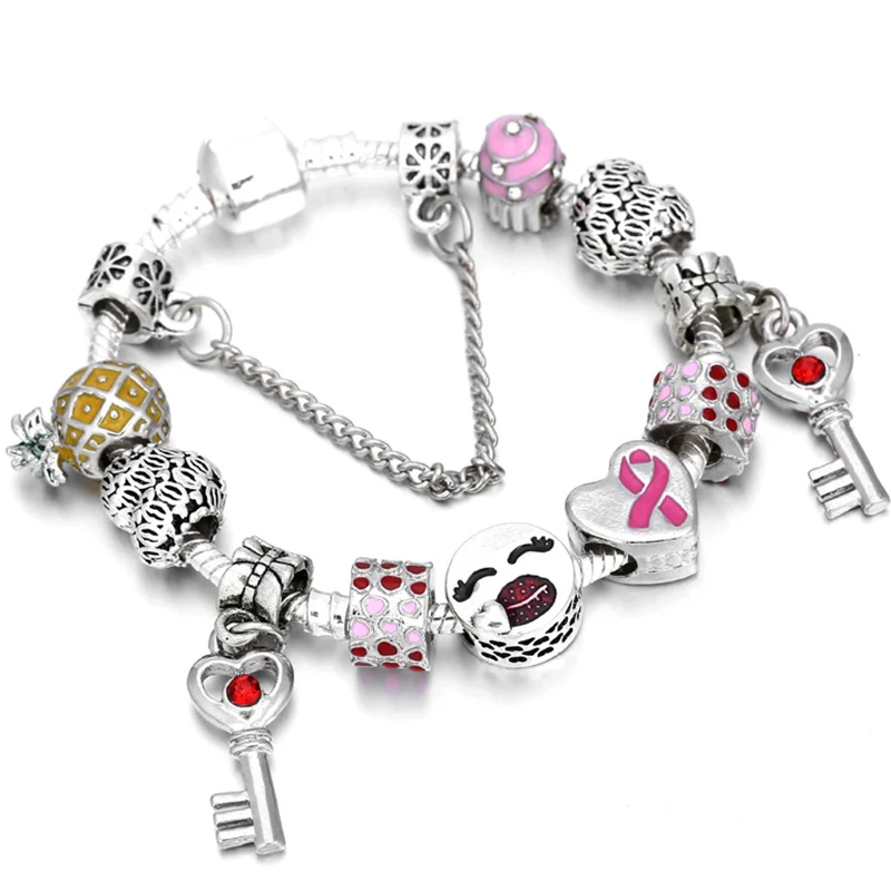 Silver Plated Charm Bracelet & Bangle With Key Lock Crystal Pendant Ball Bracelet For Women Wedding Valentine's Day Jewelry Gift