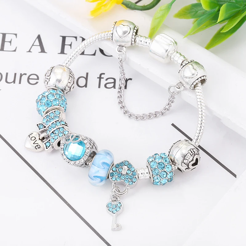 Silver Plated Charm Bracelet & Bangle With Key Lock Crystal Pendant Ball Bracelet For Women Wedding Valentine's Day Jewelry Gift