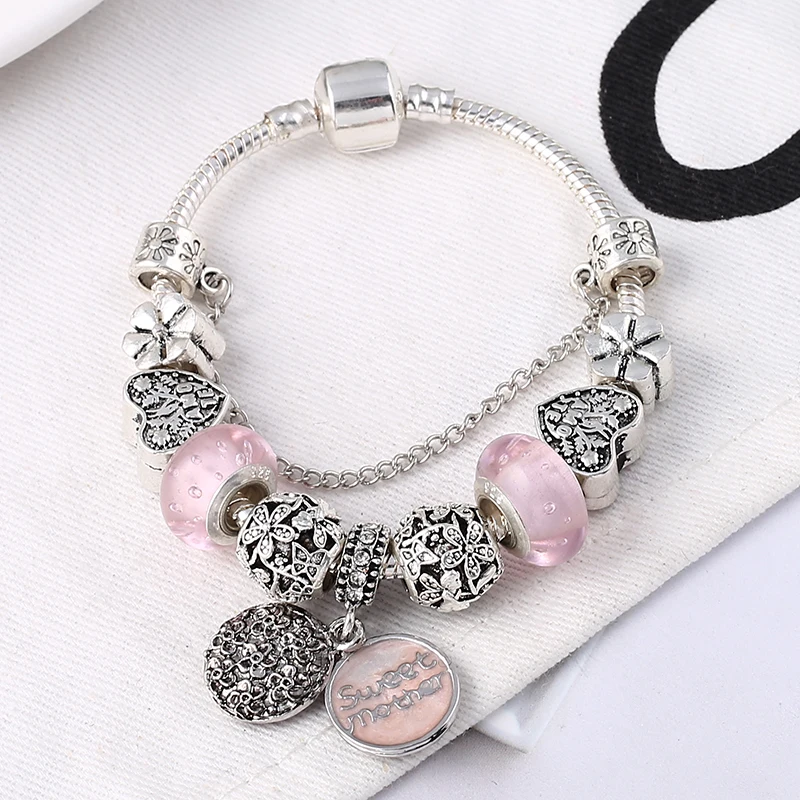 Silver Plated Charm Bracelet & Bangle With Key Lock Crystal Pendant Ball Bracelet For Women Wedding Valentine's Day Jewelry Gift