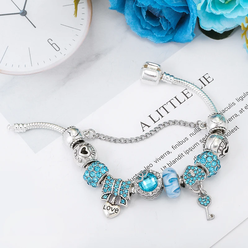 Silver Plated Charm Bracelet & Bangle With Key Lock Crystal Pendant Ball Bracelet For Women Wedding Valentine's Day Jewelry Gift