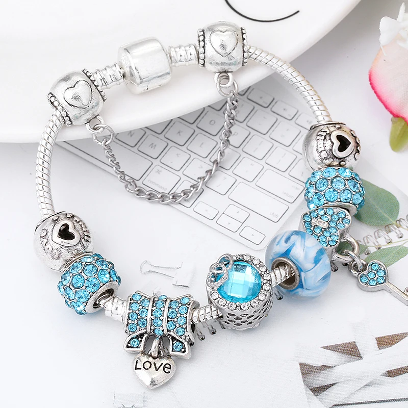 Silver Plated Charm Bracelet & Bangle With Key Lock Crystal Pendant Ball Bracelet For Women Wedding Valentine's Day Jewelry Gift