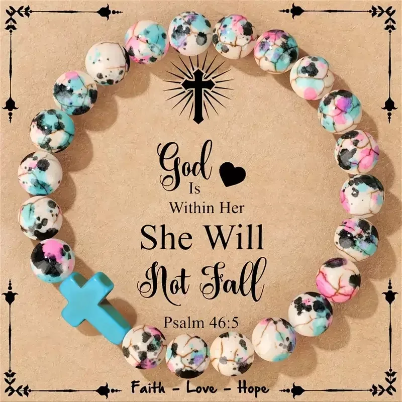 Trendy Jesus Cross Beaded Bracelet Colorful Printing Stone Bangles for Women Meditation Jewelry Baptism Faith Gift God Bless You